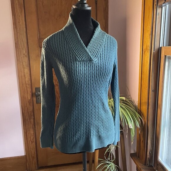 Vintage 90s Jeane Pierre Sweater S Teal Green Cable Knit Shawl Collar Hong Kong - Picture 1 of 8